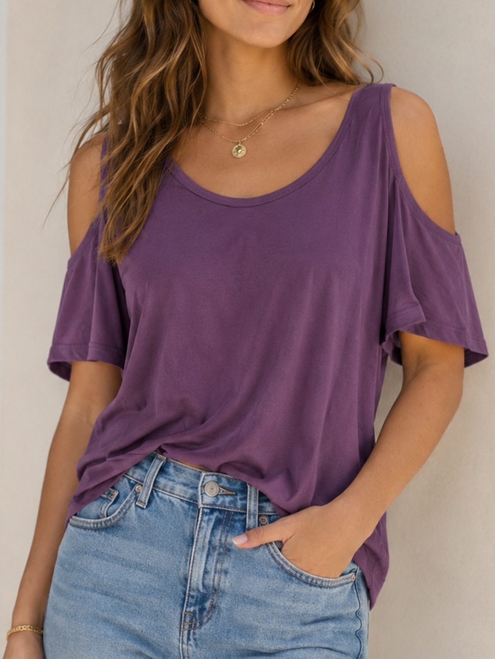 bobeau Purple Cold-Shoulder Scoop Neck Tee